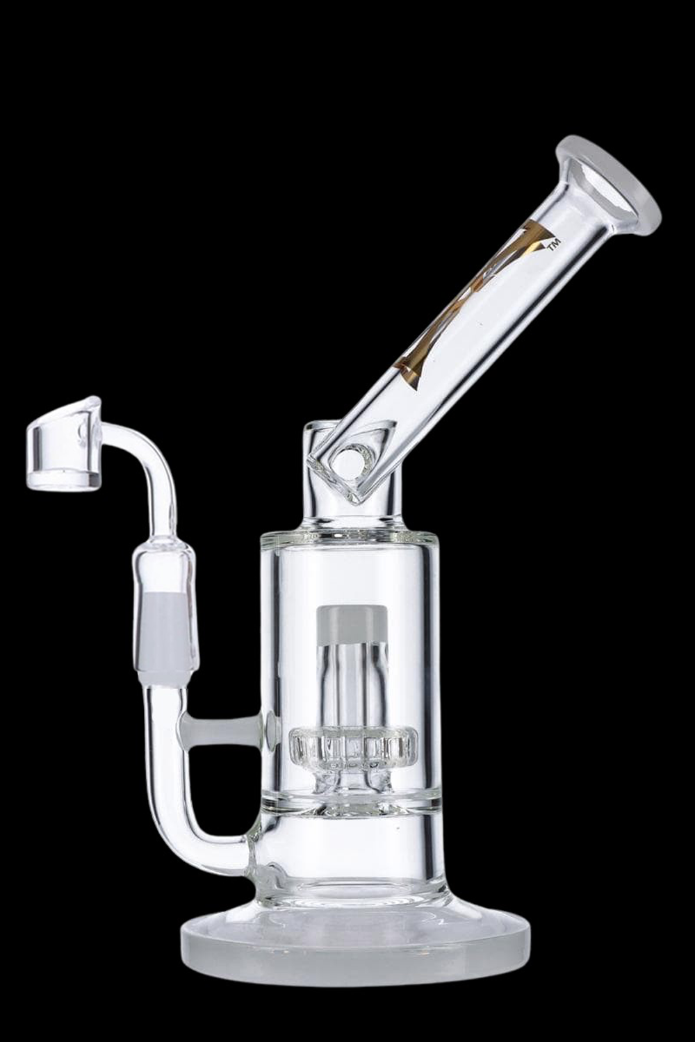 Clear glass dab rig with intricate percolator and angled mouthpiece.