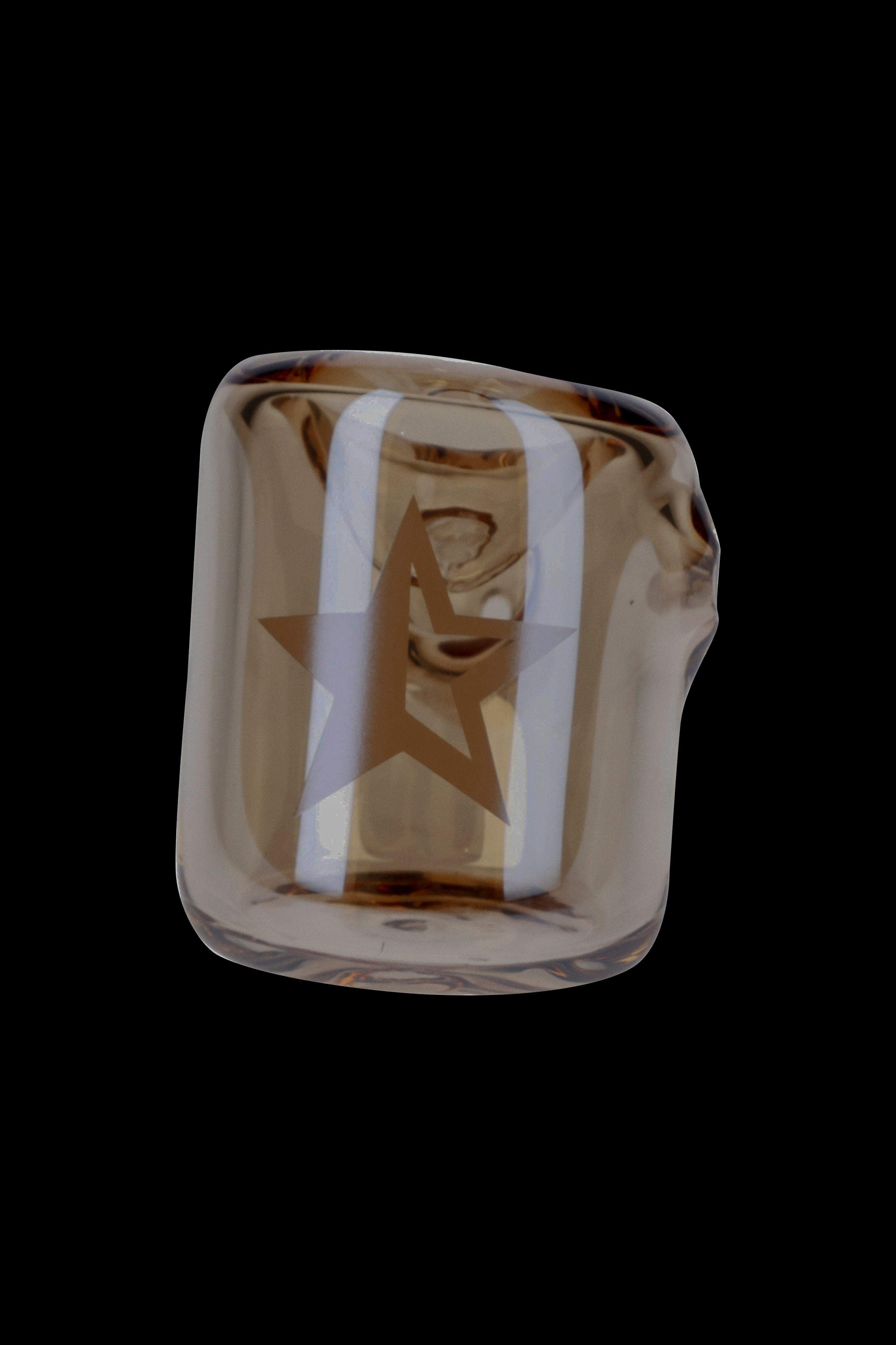 Hand-blown glass cannabis oil burner pipe with amber and white swirls.