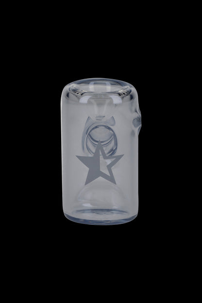 Clear glass bubbler with etched star and circular design.