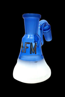 Blue glass water pipe with white base and “AFM” lettering.