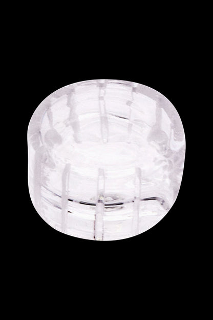 Clear glass cannabis water pipe, top-down view.