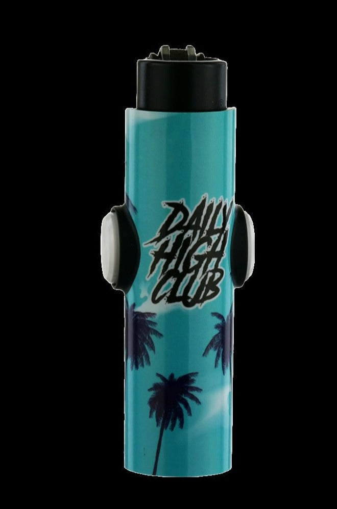 Turquoise electric dab rig with palm tree graphics and “Daily High Club” text.
