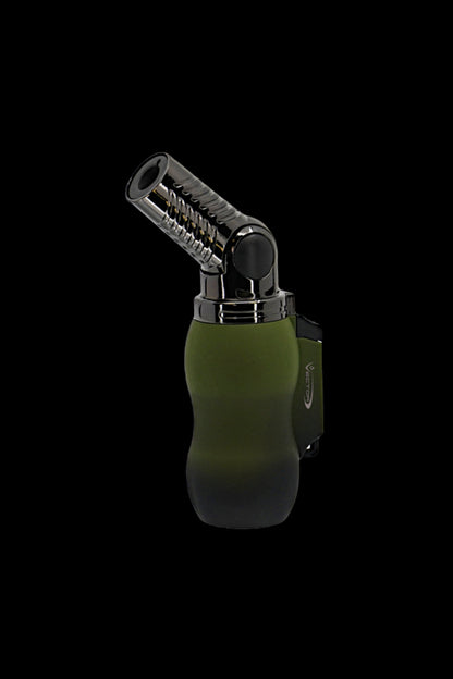 Olive green butane torch lighter for dabbing cannabis concentrates.