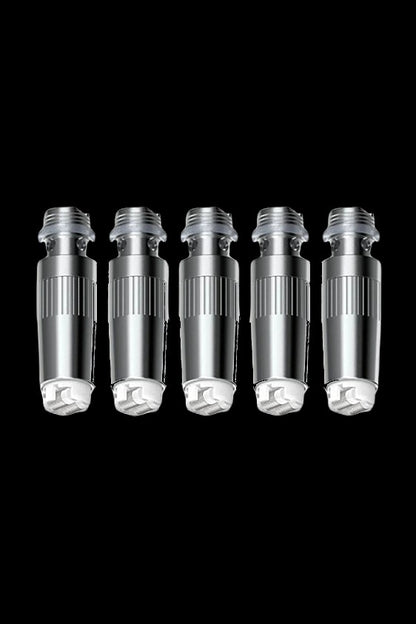 Five silver cannabis oil vape cartridges against a black background.