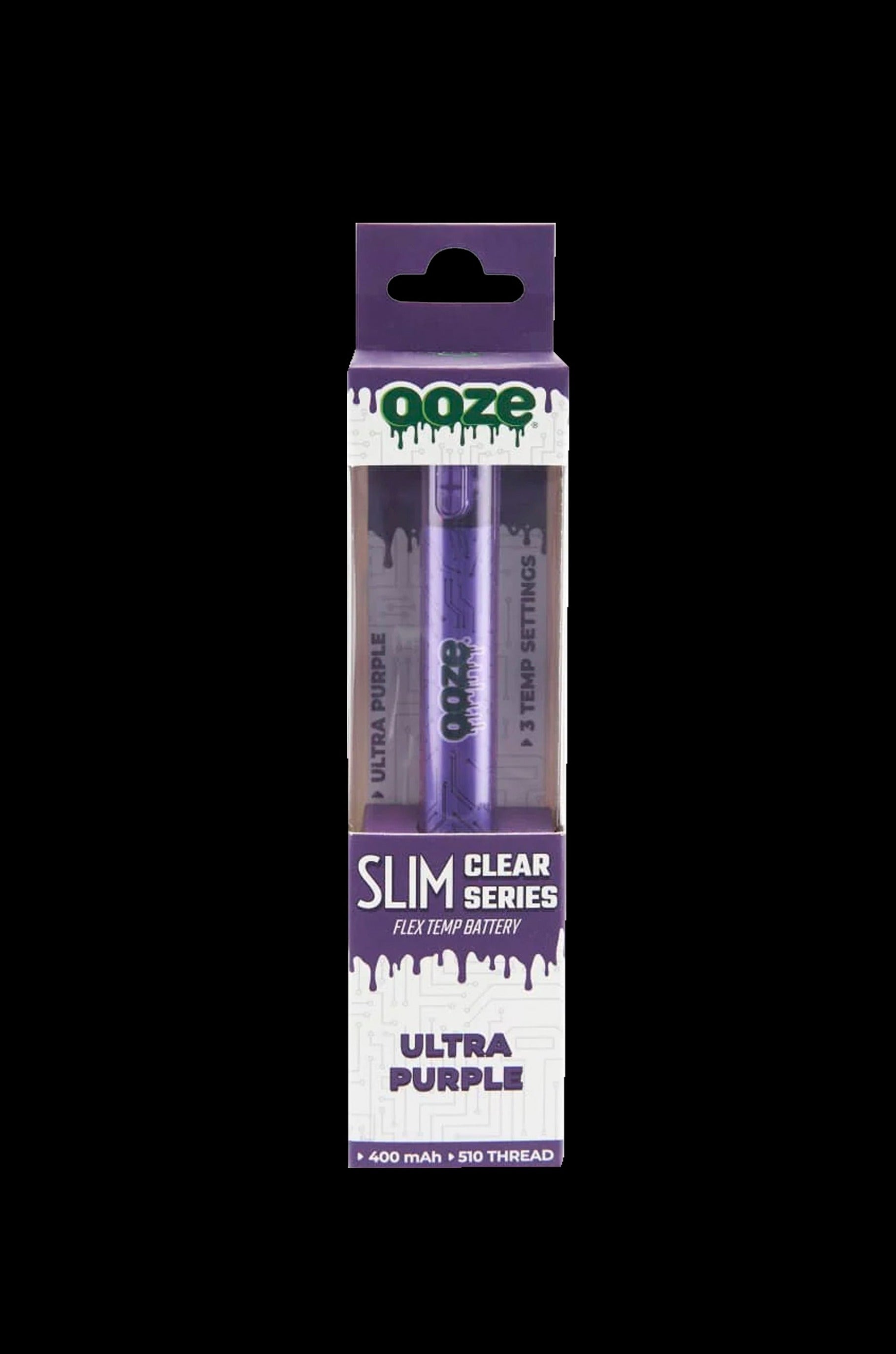 Ooze Slim Clear Series ultra purple 400mAh 510 thread vape battery packaging.