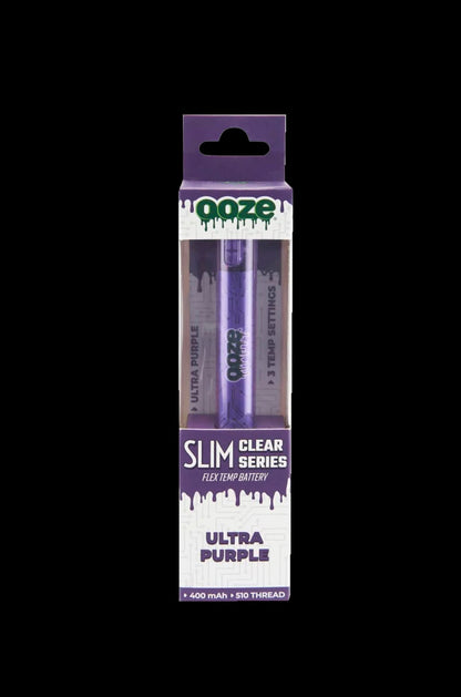 Ooze Slim Clear Series ultra purple 400mAh 510 thread vape battery packaging.