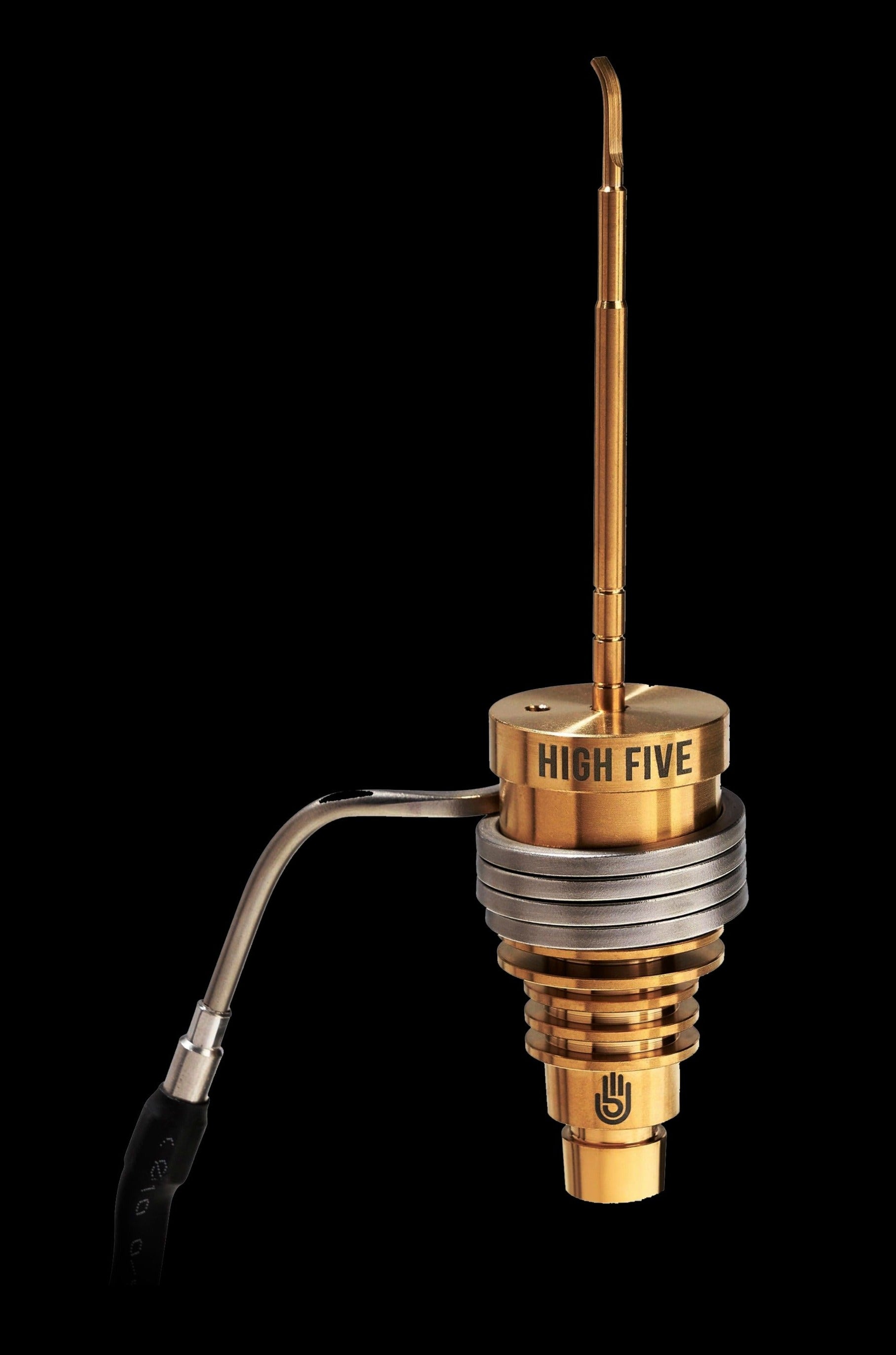 Copper-colored cannabis dab rig attachment with “HIGH FIVE” branding against a black background.