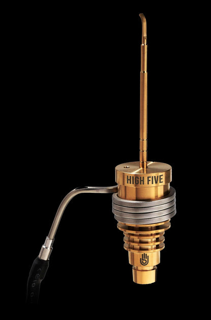Copper-colored cannabis dab rig attachment with “HIGH FIVE” branding against a black background.