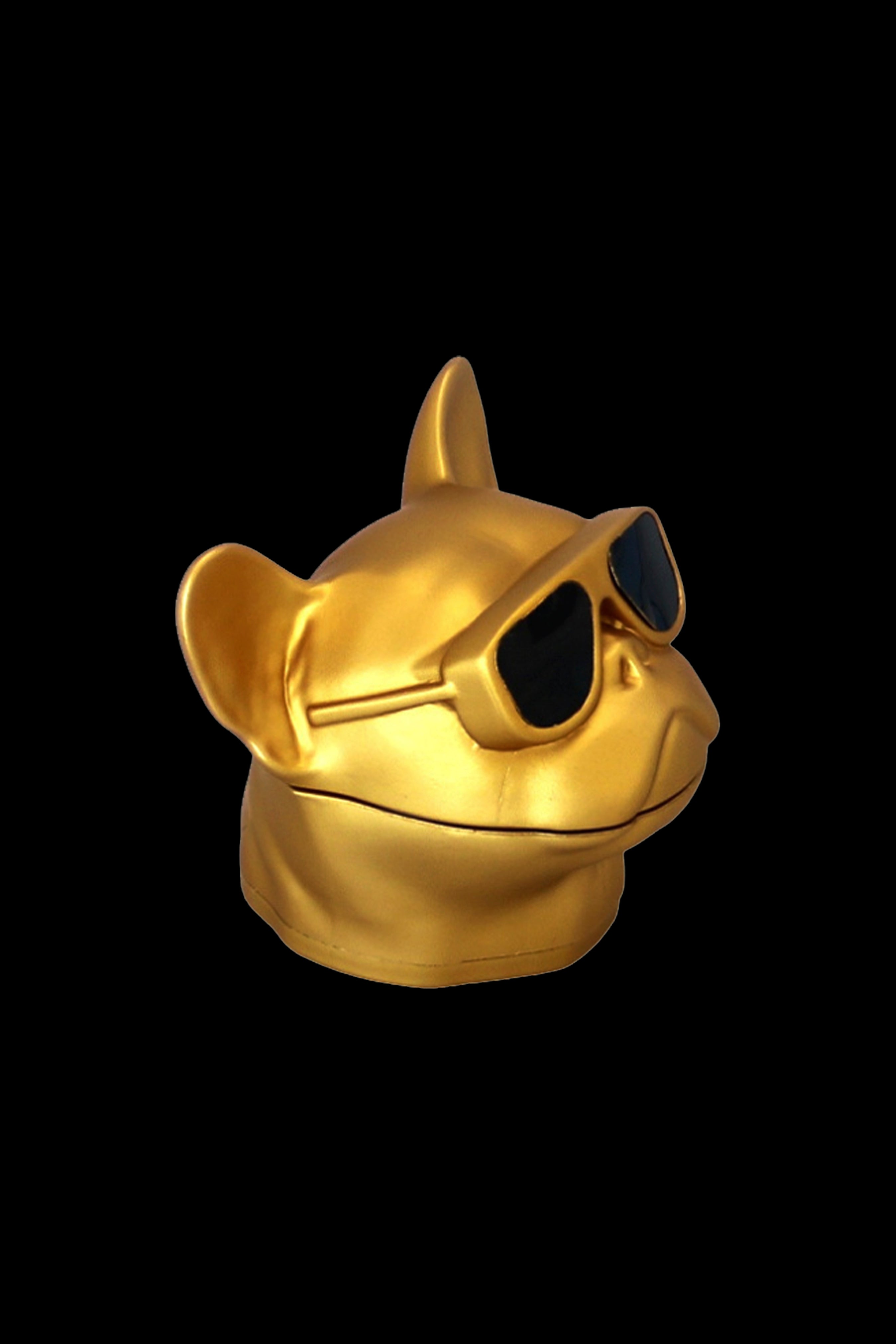Golden frog-shaped stash box with sunglasses.