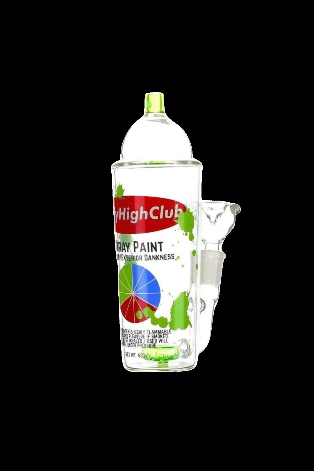 A clear plastic spray can mock-up labeled "HighClub Spray Paint - Exterior Dankness" with cannabis leaf graphics and warning text.
