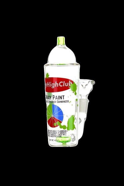 A clear plastic spray can mock-up labeled "HighClub Spray Paint - Exterior Dankness" with cannabis leaf graphics and warning text.