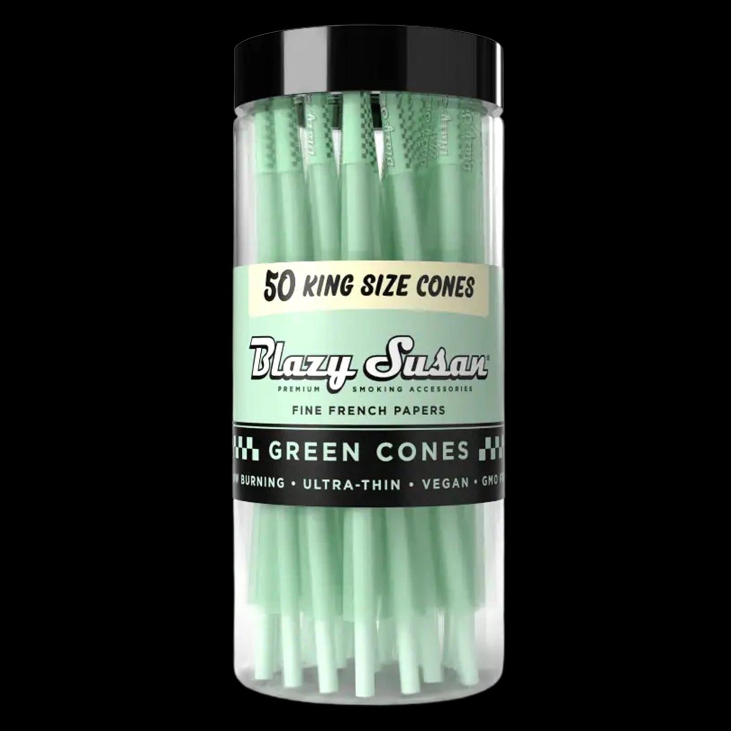 Close-up front view of a clear jar of Blazy Susan Green Cones showing mint-green king-size cones neatly stacked under a black lid against a black background.
