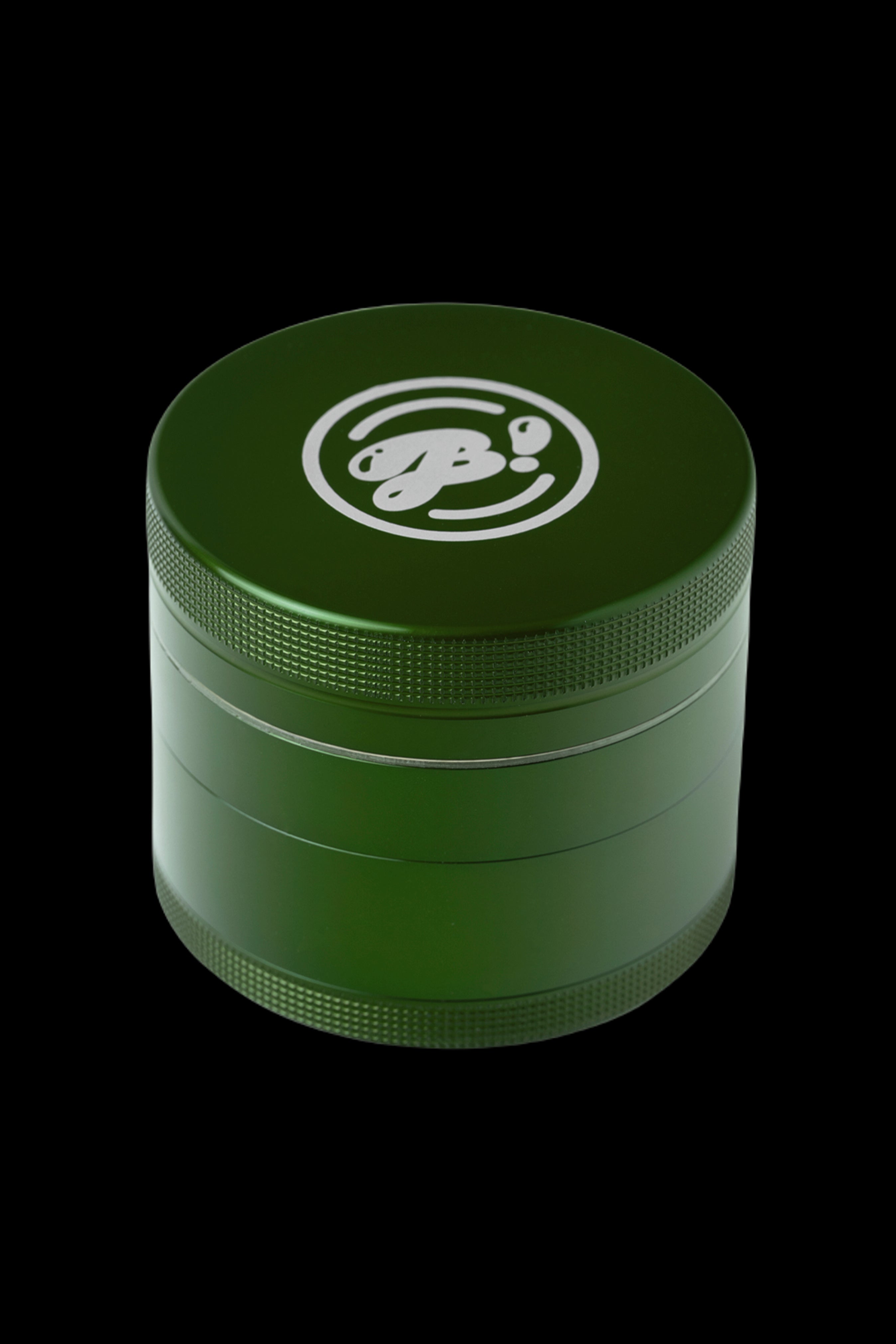 Green four-piece cannabis grinder with a circular logo.