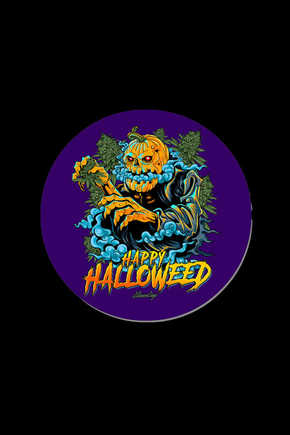 A circular design featuring a spooky, skeletal jack-o'-lantern with cannabis leaves incorporated into its form, set against a dark purple background with the text "Happy Halloweed" and "Stonedage" below.