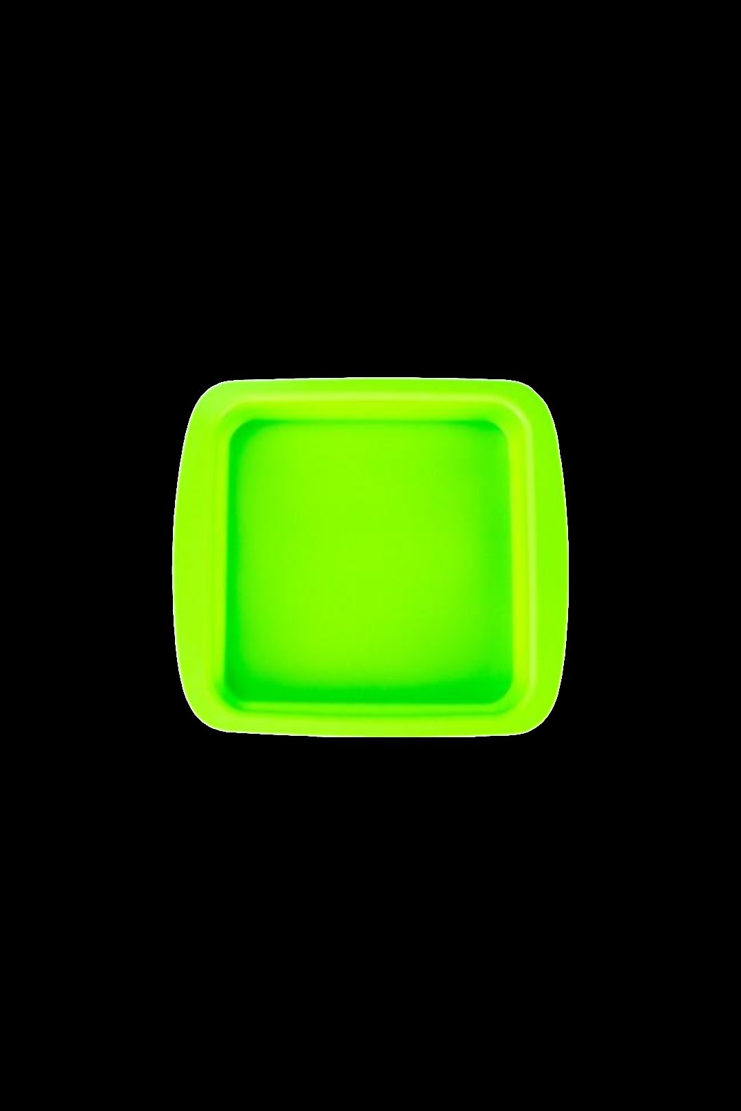 Bright green silicone concentrate container on a black background.