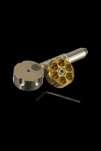 Gold cannabis pipe with tool.