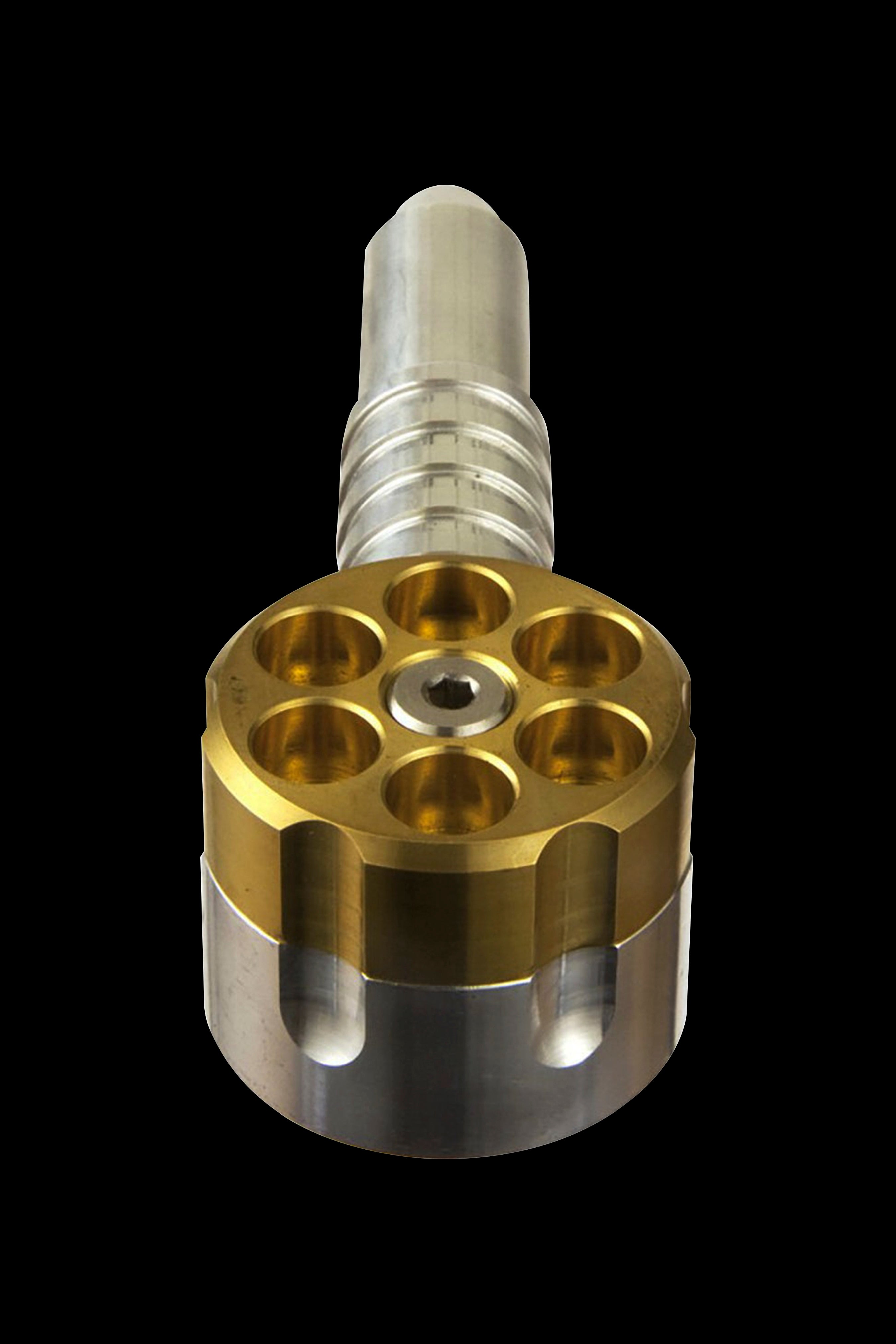 Silver and gold cannabis oil vape cartridge with multiple chambers.