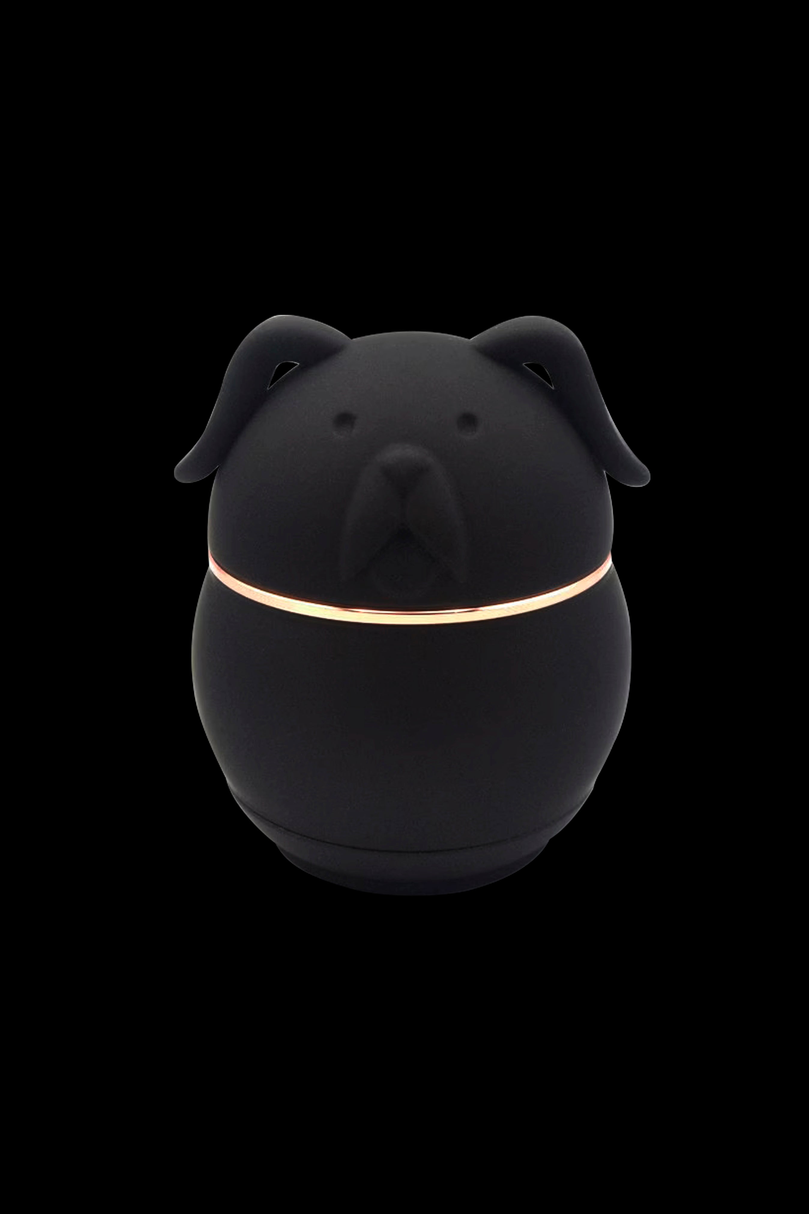 Black dog-shaped container with a golden band, likely for storing cannabis or accessories.