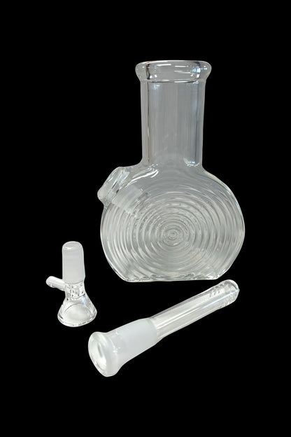 Clear glass bubbler water pipe with separate bowl and downstem pieces, isolated on a black background.