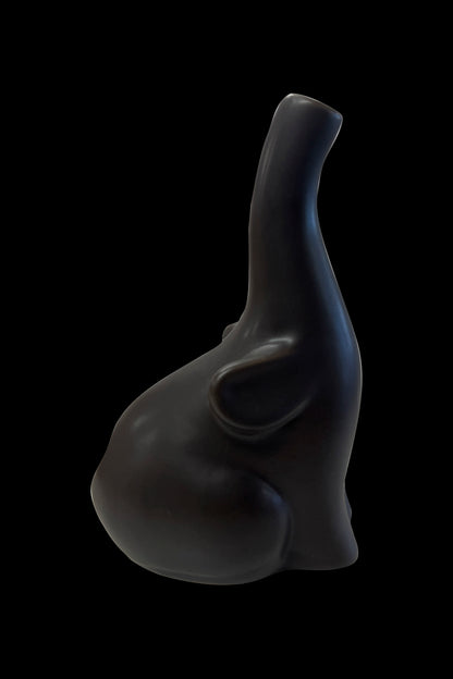 Black glass water pipe with organic, bulbous shape.
