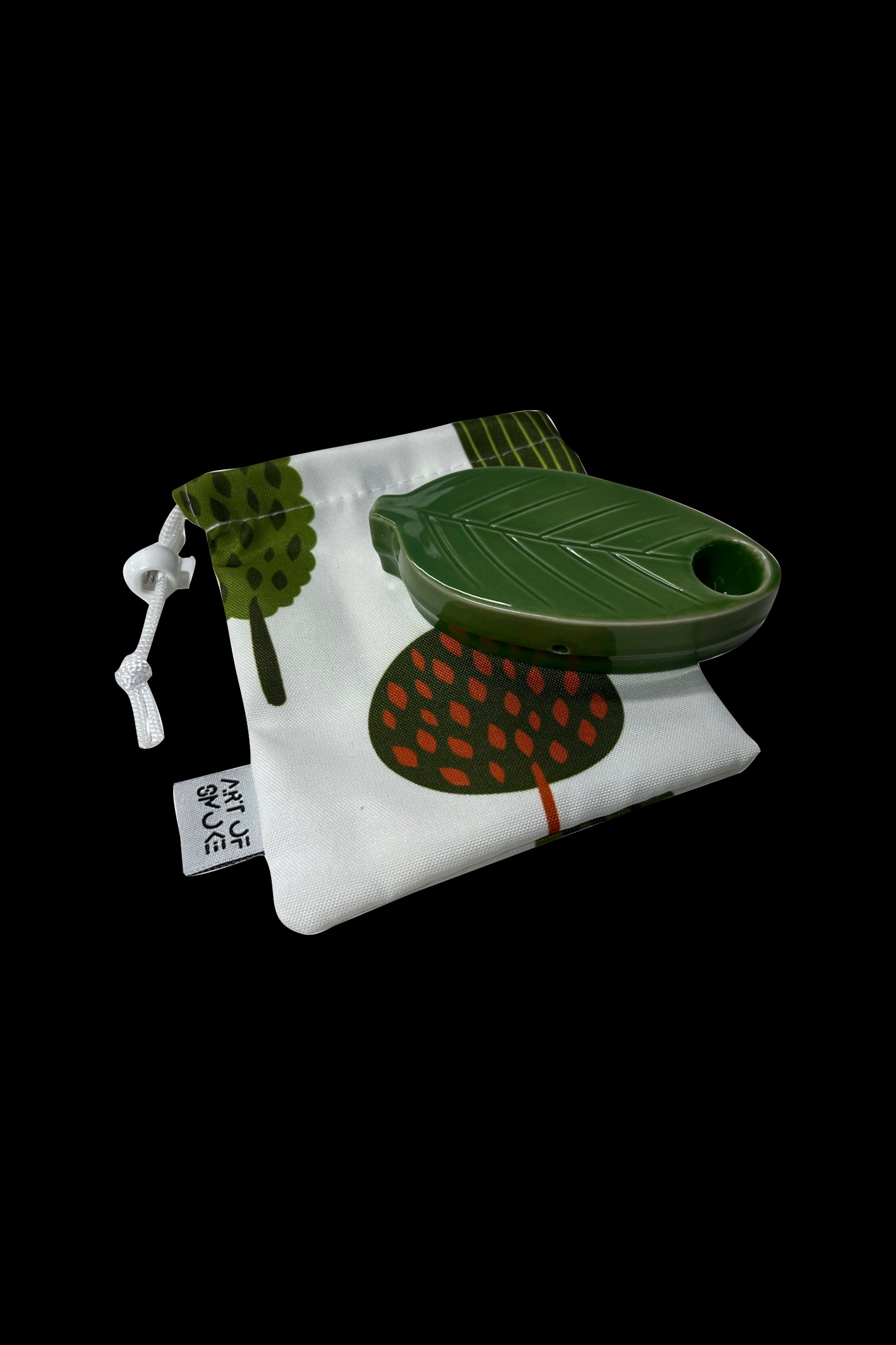 Colorful cannabis smoking pipe in a white drawstring bag.