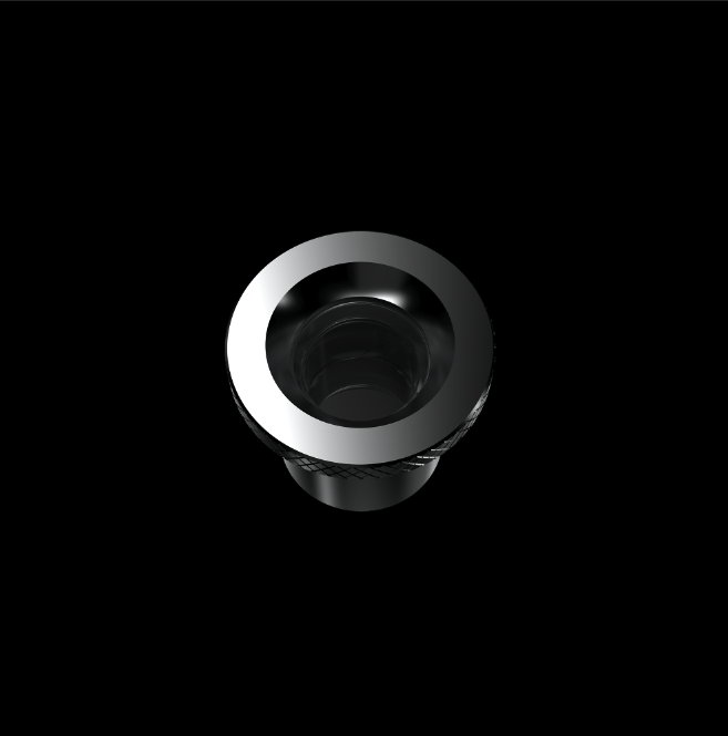 Top-down view of the Boost Evo™ Quartz Atomizer centered on a black background, showing its reflective metal rim and hollow interior.