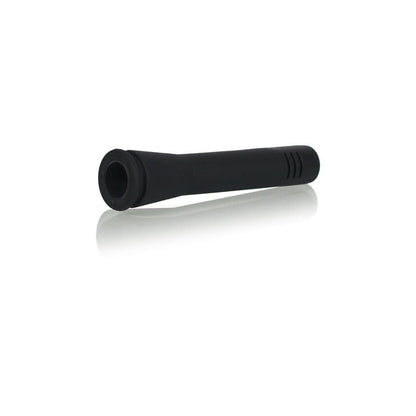 Angled side view of the black RYOT Ceramic Maple Traveller Pipe resting on a reflective white surface, showing its tapered mouthpiece and three vent grooves.