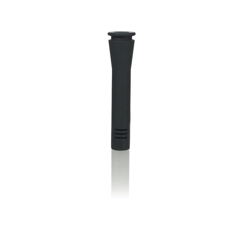 Center-frontal view of the black RYOT Ceramic Maple Traveller Pipe standing upright on a white reflective surface with three vent slots near its base.