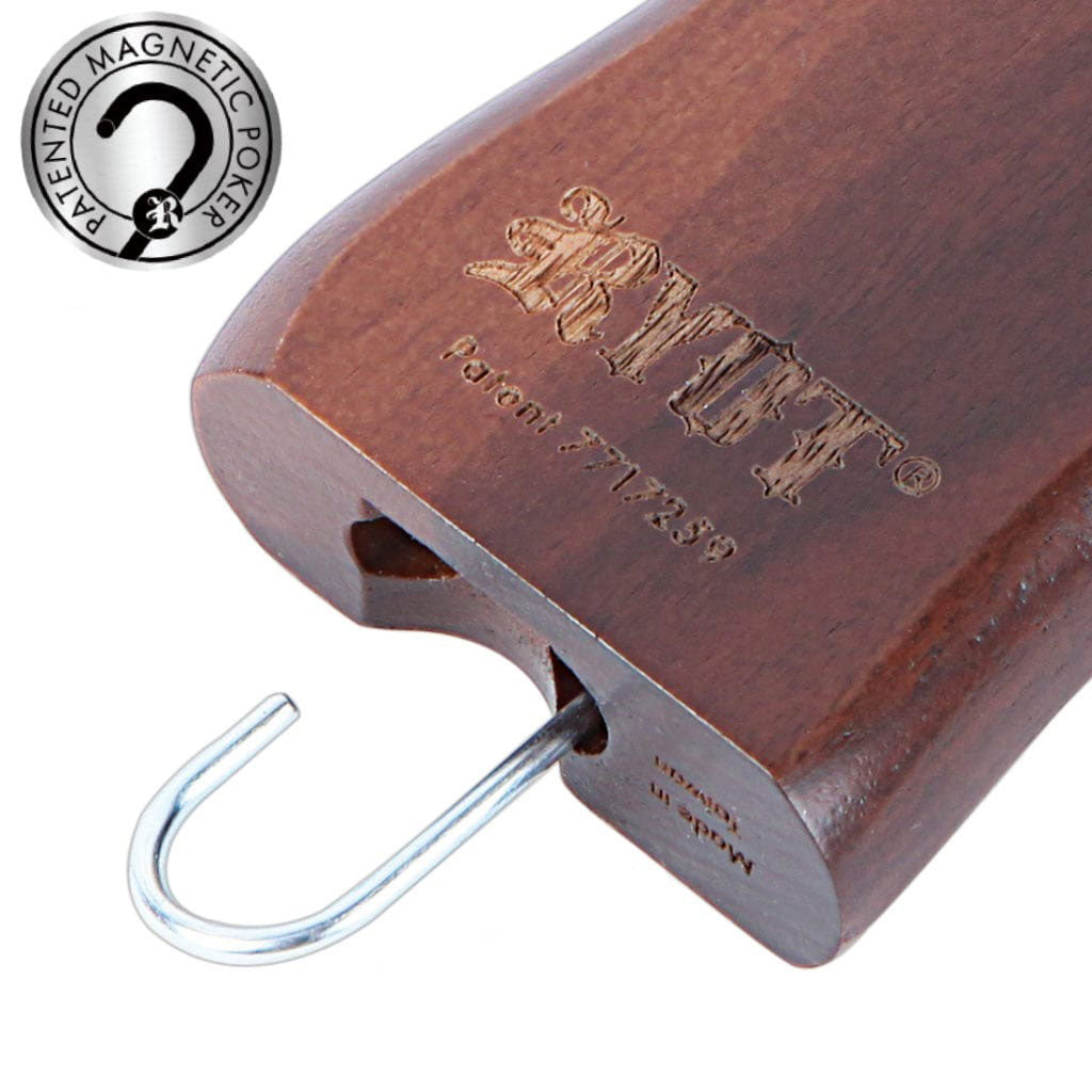 Close-up, angled view of the RYOT Wooden Magnetic Dugout With Matching One Hitter showing the dark wooden grain, engraved RYOT logo, and a metal one-hitter partially pulled from the dugout.