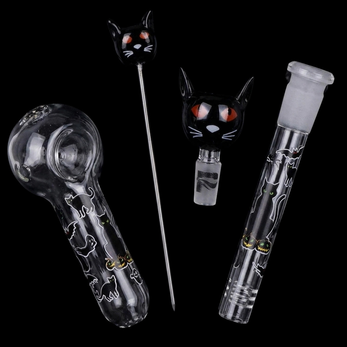 Pulsar Superstitious Kitty GLOW Glass Herb Pipe Duo - 9.75" / 14mm F