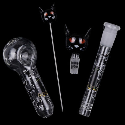 Pulsar Superstitious Kitty GLOW Glass Herb Pipe Duo - 9.75" / 14mm F