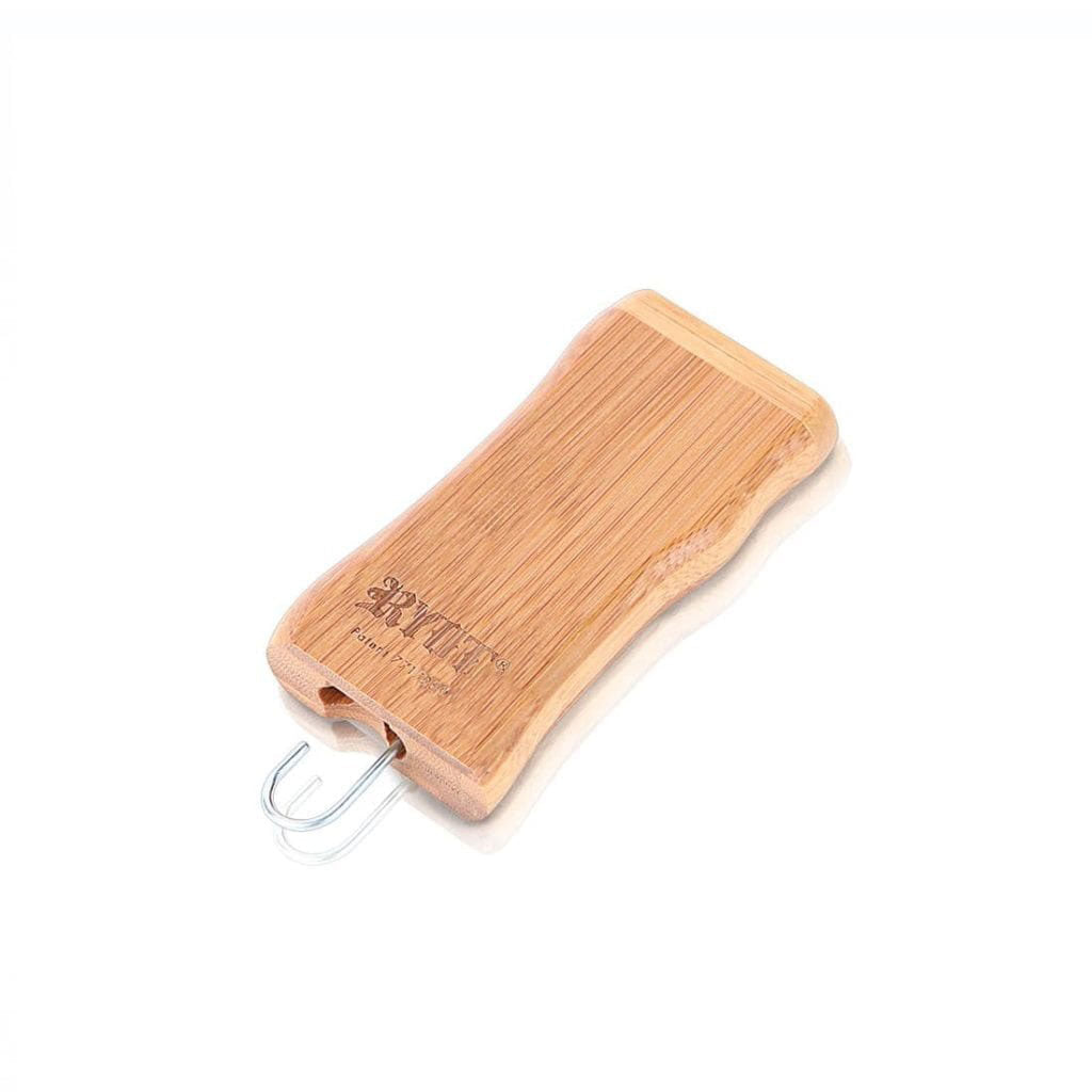 Angled top-down view of a RYOT Wooden Magnetic Dugout With Matching One Hitter on a white background, showing its bamboo grain and metal one-hitter partially pulled out