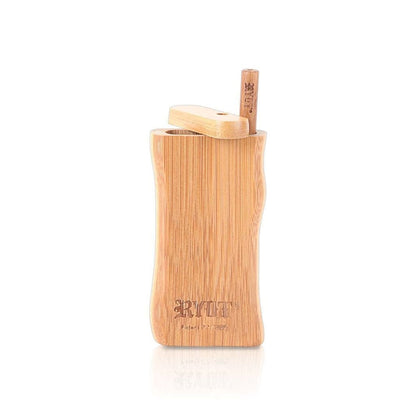Center-frontal view of the RYOT Wooden Magnetic Dugout With Matching One Hitter standing open on a white background, showing its bamboo grain and engraved logo.