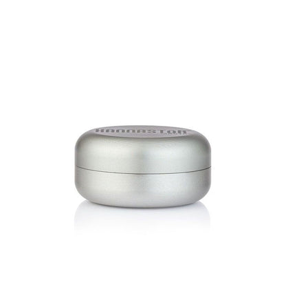 Centered front view of a metallic silver RYOT GR8TR Jar Body Grinder with a rounded, pillbox shape and soft studio lighting.