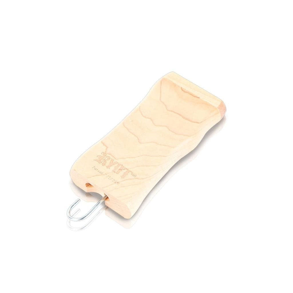 Angled top-down view of the light wood RYOT Wooden Magnetic Dugout With Matching One Hitter showing grain patterns, a recessed lid area, and the metal one-hitter partially extended.
