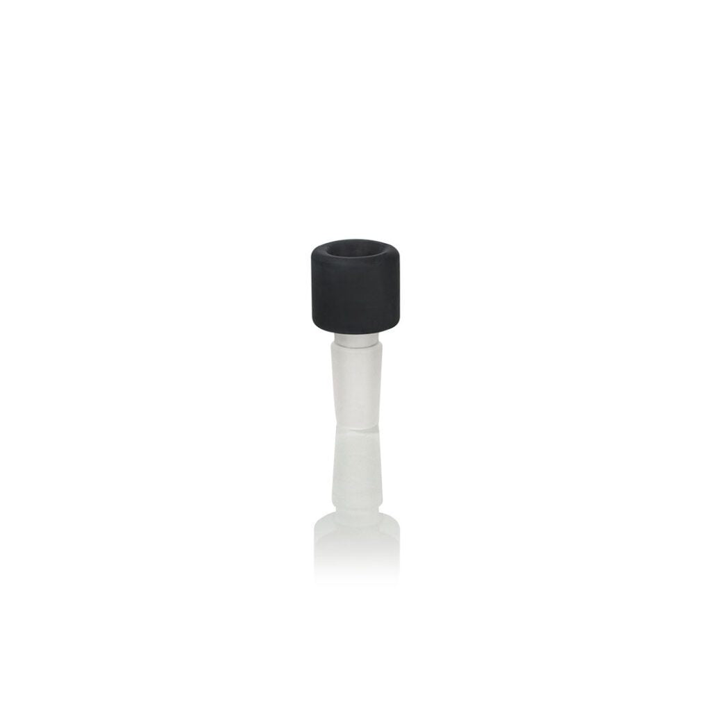 Centered front view of the RYOT Ceramic Maple Traveller Pipe showing a black ceramic bowl atop a frosted glass stem against a white background