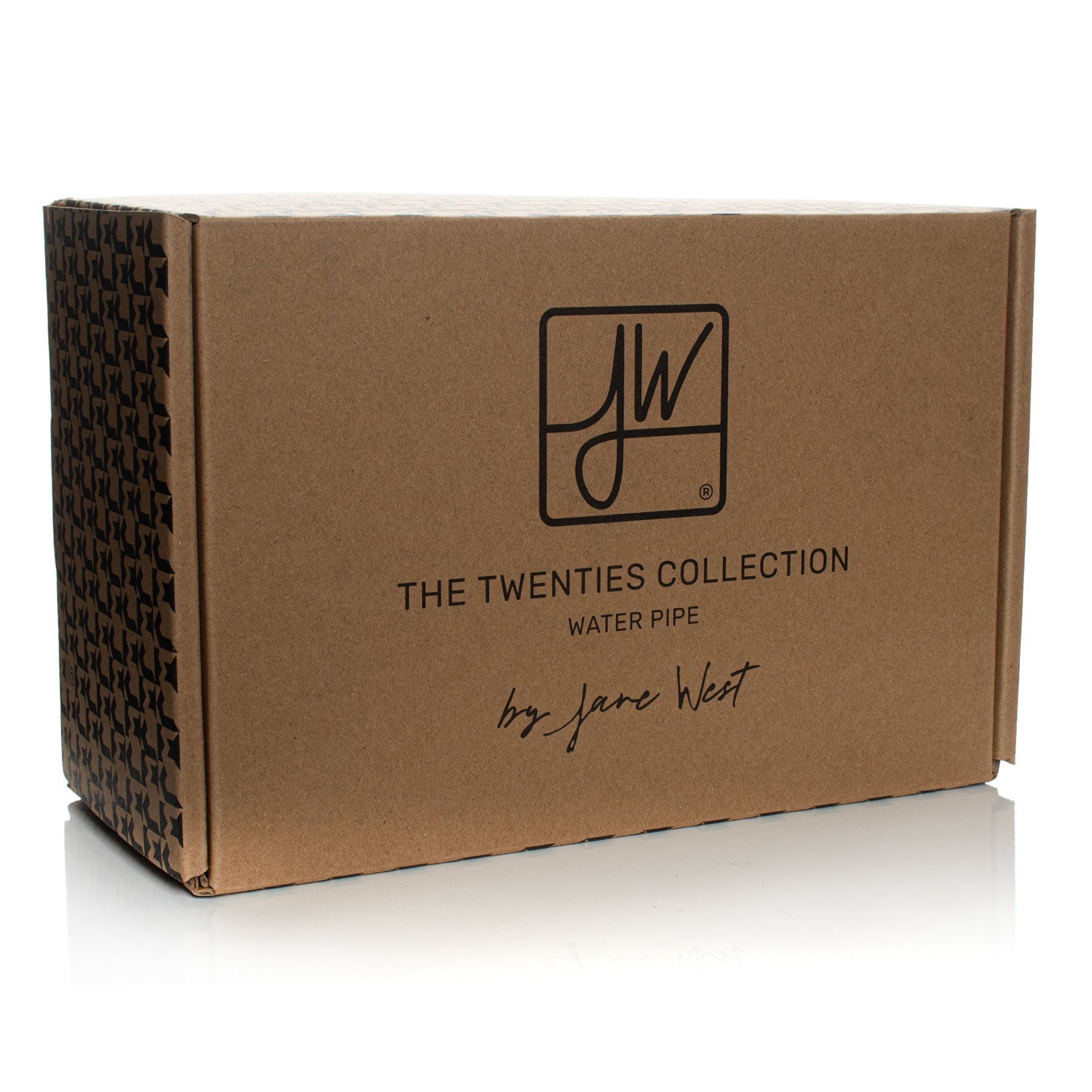 Cardboard box for "The Twenties Collection" water pipe by Jane West, featuring a repeating pattern of cannabis leaves on the side.
