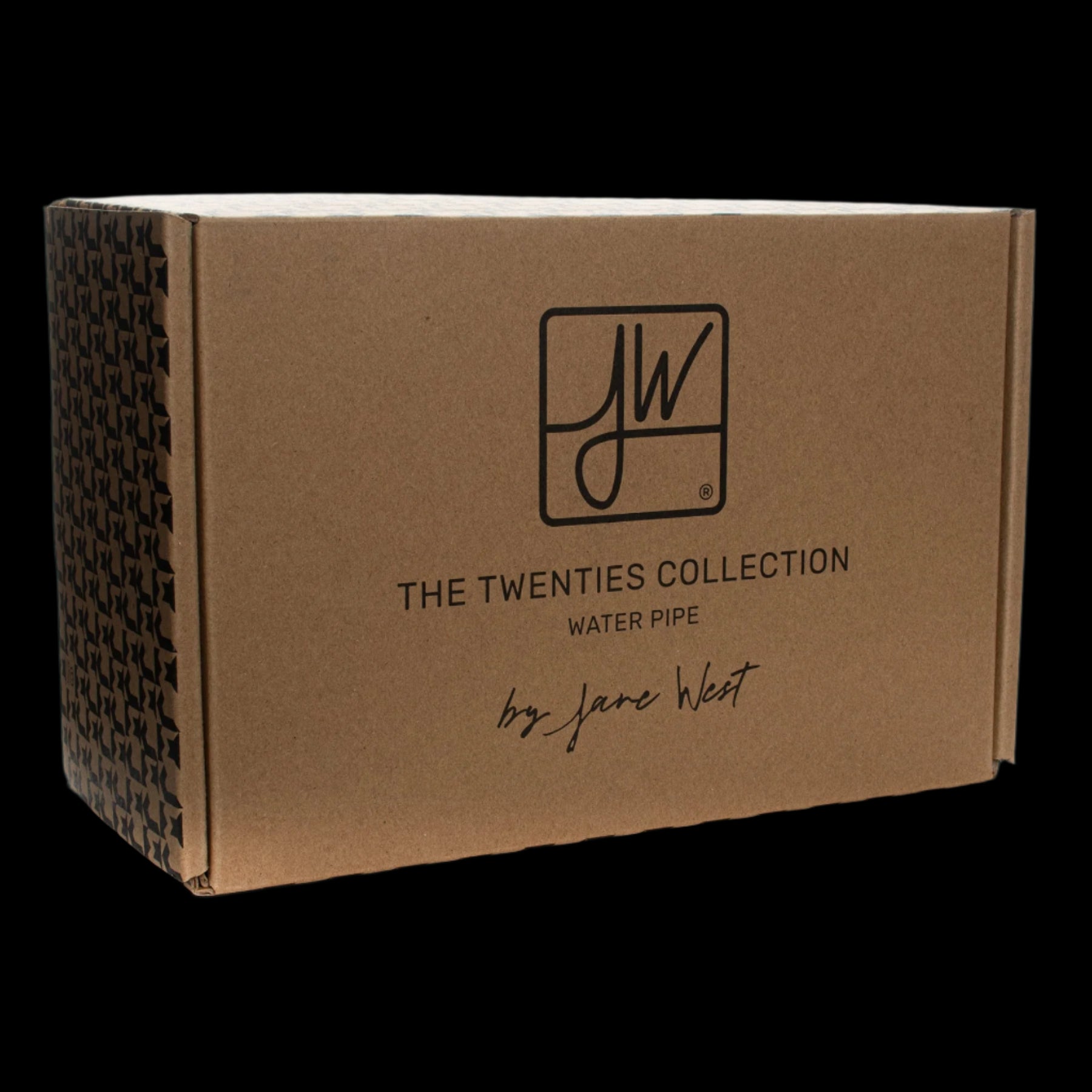 Brown shipping box for “The Twenties Collection” water pipe by Jane West, featuring a geometric logo and patterned side.