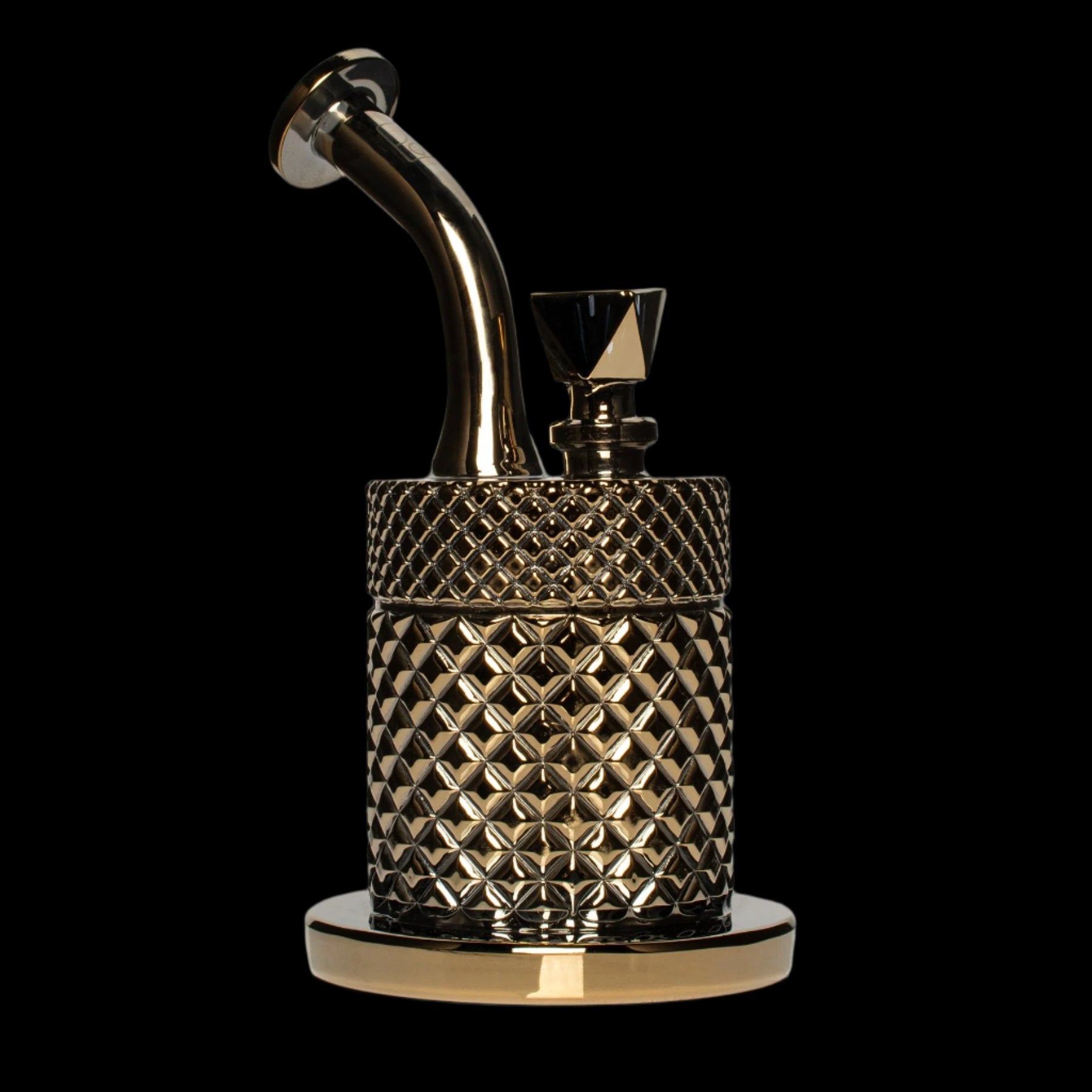 Gold cannabis dab rig with textured cylindrical base and curved neck.