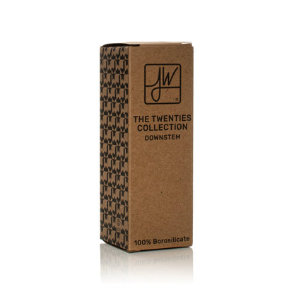 Cardboard packaging for a cannabis downstem, branded "The Twenties Collection" and labeled "100% Borosilicate."