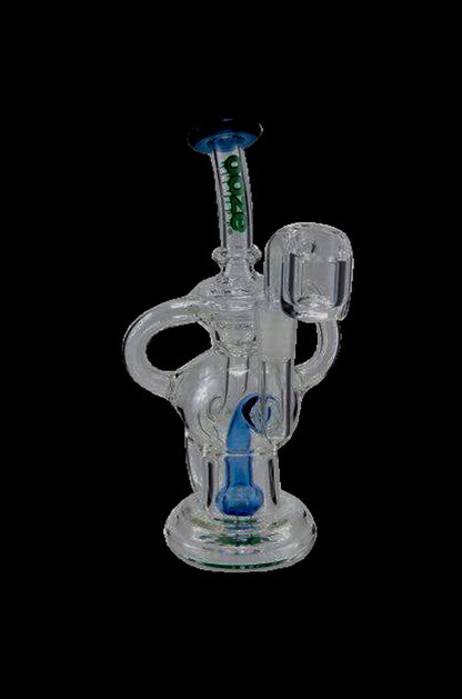 Clear glass water pipe (rig) with blue accents and intricate curves.