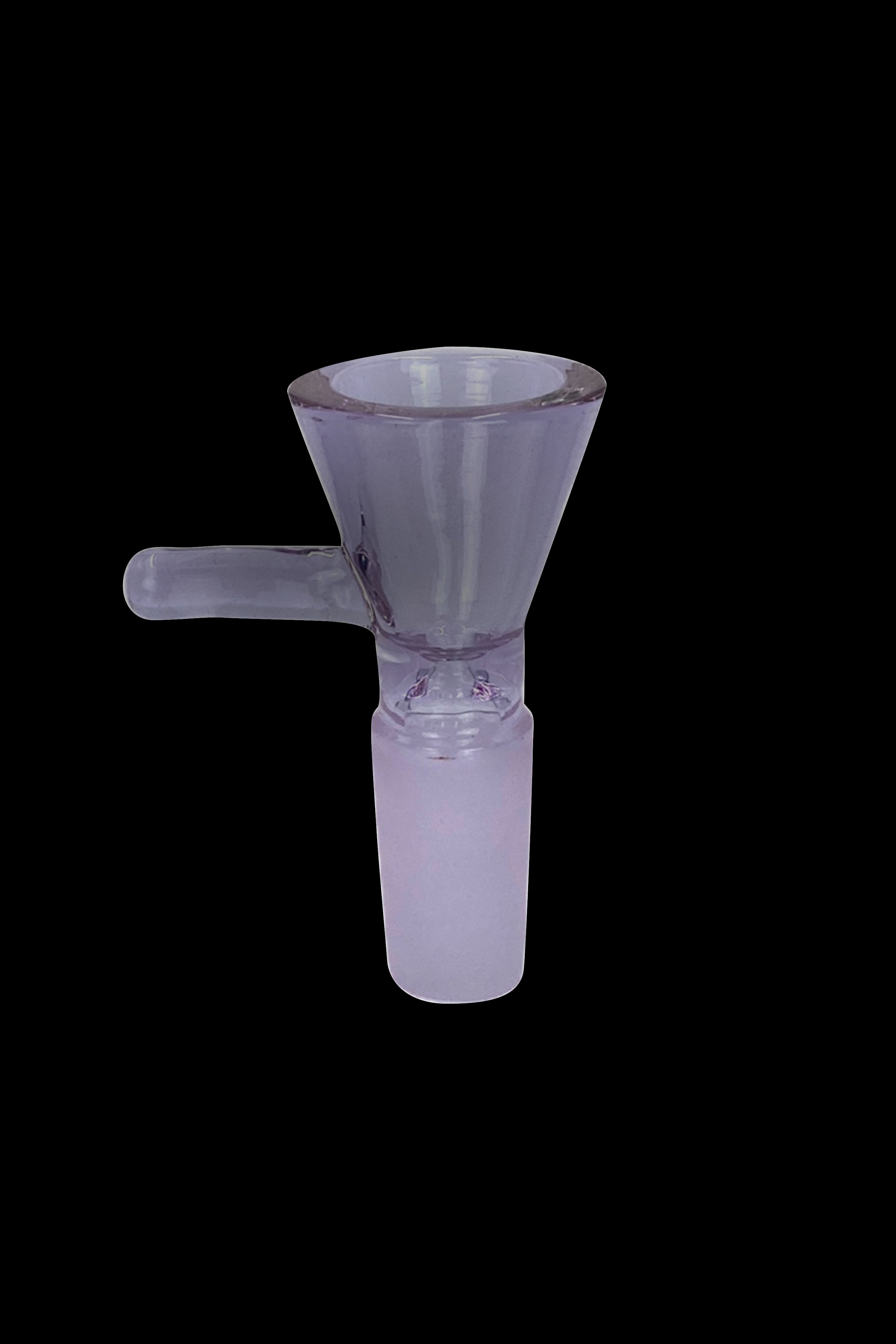 Lavender glass bowl for smoking, with a handle and glass connection point.