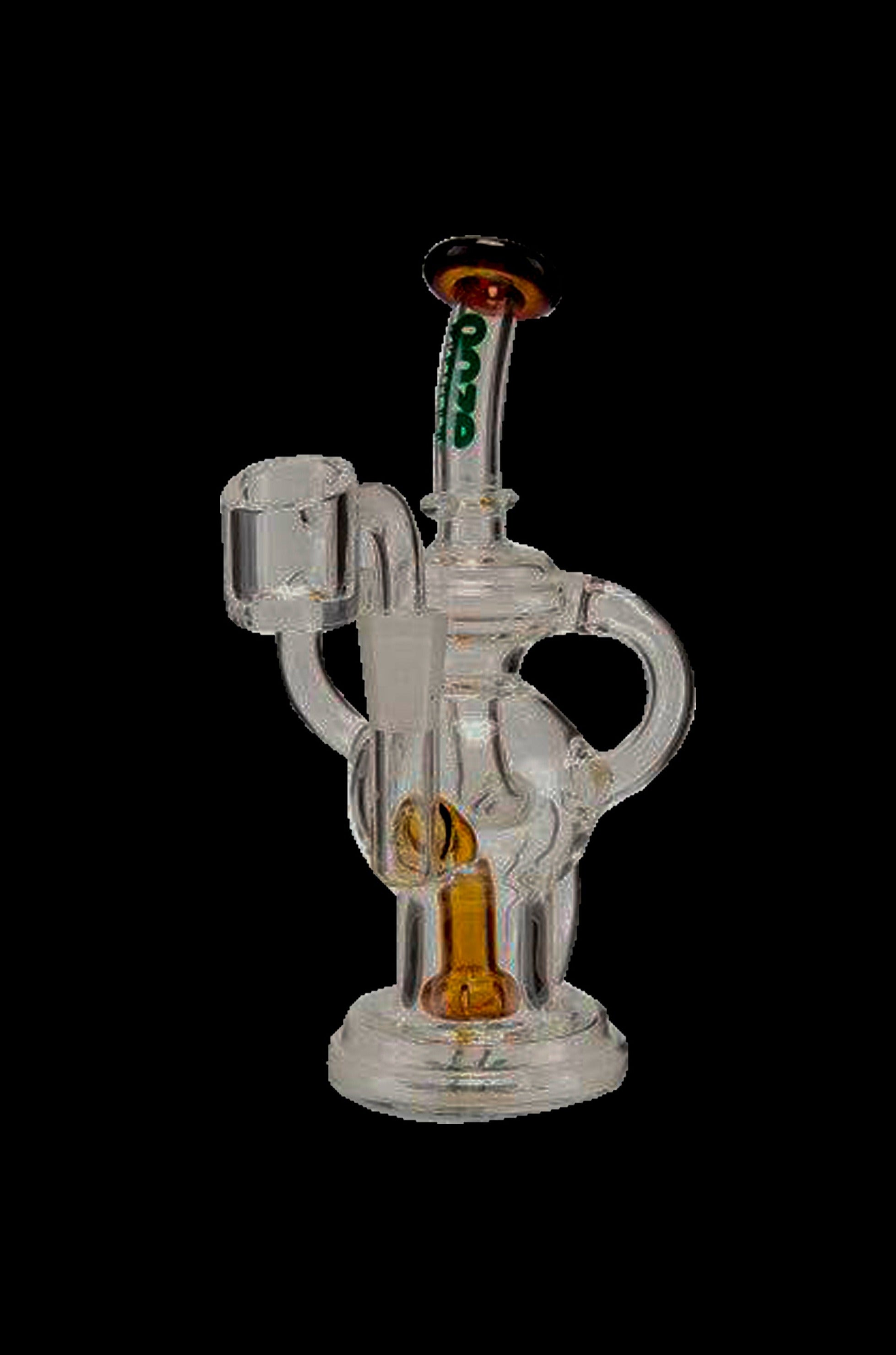 Clear glass dab rig with intricate looping design and orange accents.