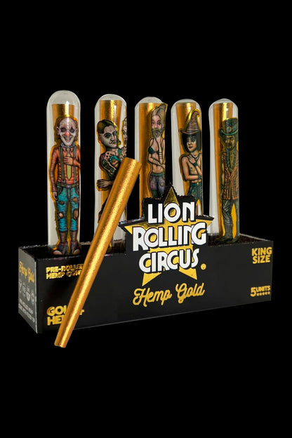 Box of pre-rolled “Lion Rolling Circus” hemp cones with a gold filter tip, displayed against a black background.