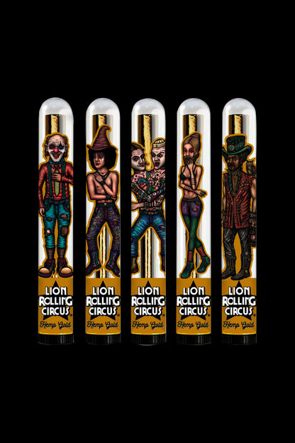 Five colorful, illustrated cannabis pipe designs featuring circus-themed characters, each labeled “Lion Rolling Circus Hemp Gold.”