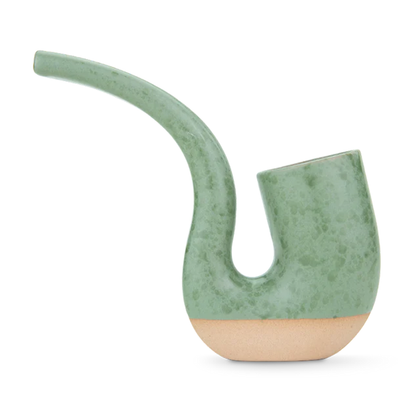Side view of the green-and-terracotta Puffco Proxy Terrapipe with a long curved stem and rounded base on a white background.
