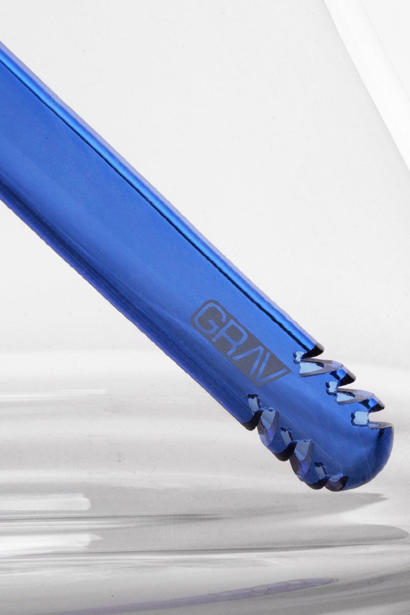 Blue glass cannabis water pipe tip with "GRAV" logo.