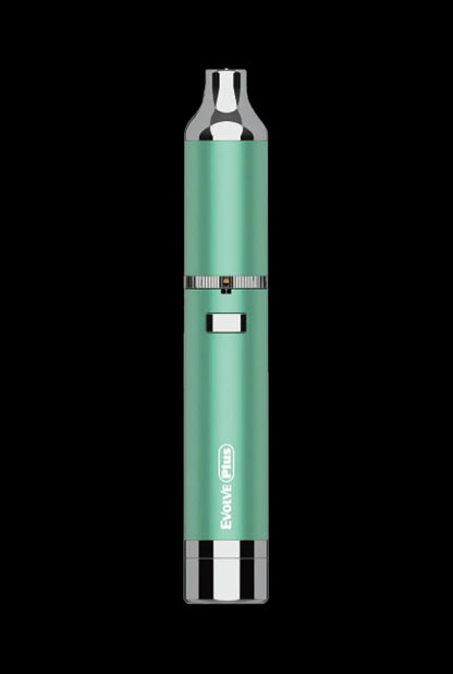 Center-aligned studio shot of the Yocan Evolve Plus (2020) in mint green with chrome mouthpiece and base against a black background.