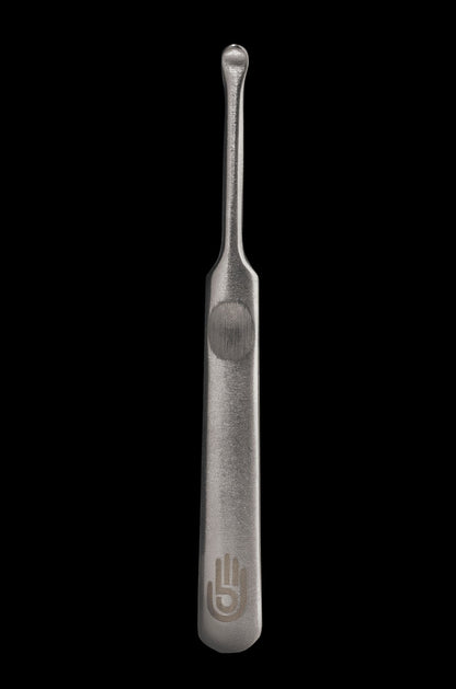 Silver cannabis dab tool with a hand logo.