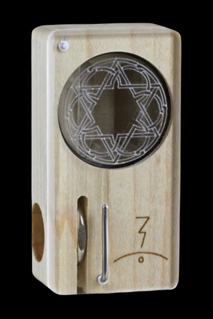 Wooden cannabis storage box with a geometric patterned window and silver latch.